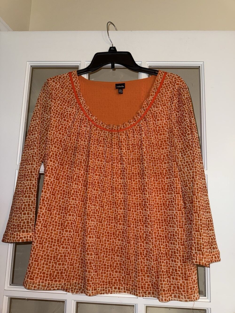 Rafaella Orange Blouse Square Pattern 3/4 Sleeve Ruffles Petite PETITE LARGE